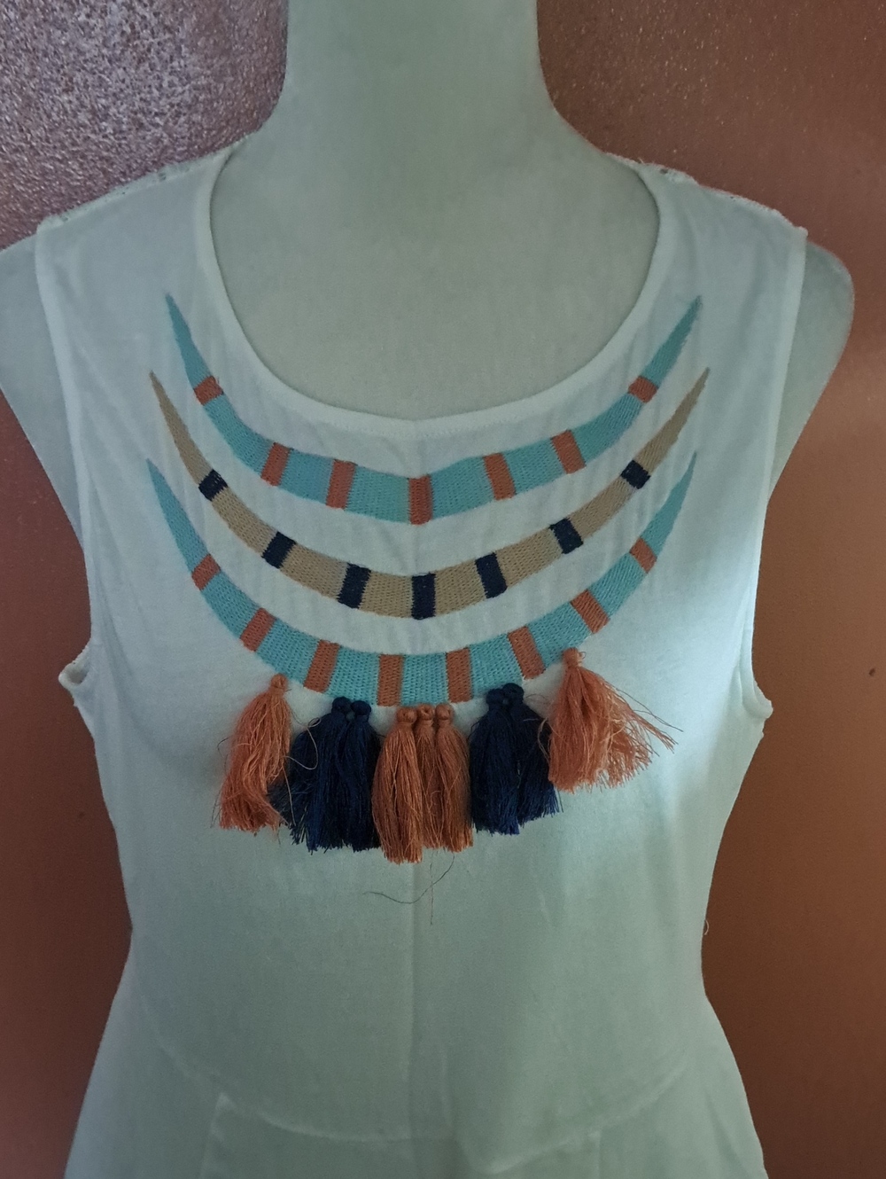 En Creme Cream Tank Top with Blue and Orange Tassel Trim